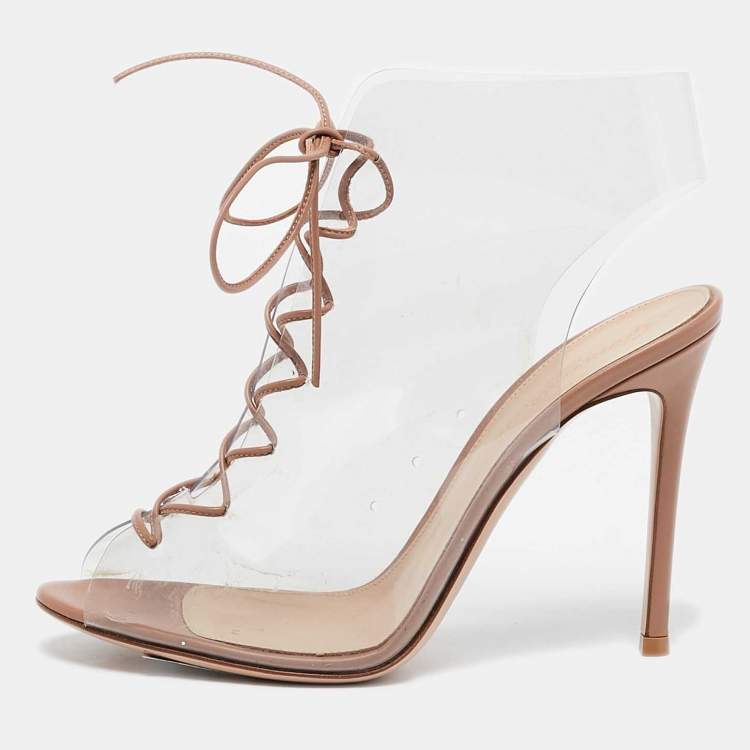 Pre Owned Gianvito Rossi Beige PVC and Leather Helmut Ankle Boots Size 38.5