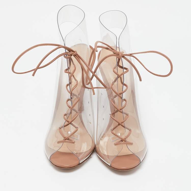 Pre Owned Gianvito Rossi Beige PVC and Leather Helmut Ankle Boots Size 38.5