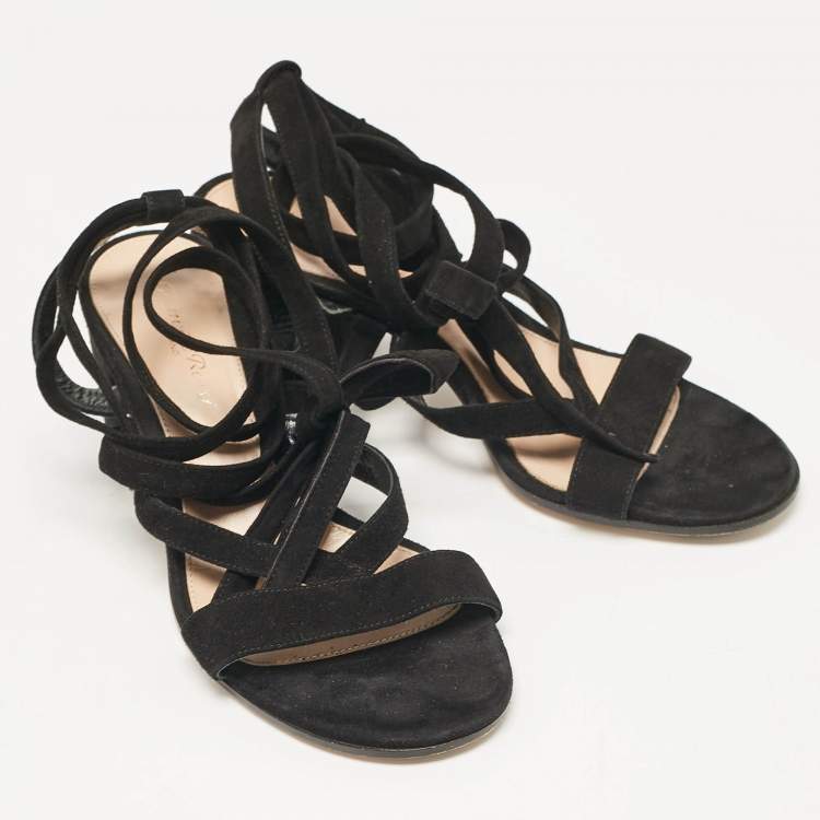 Pre Owned Gianvito Rossi Black Suede Janis Ankle Wrap Sandals Size 37.5
