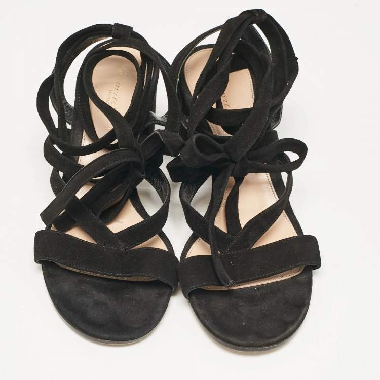 Pre Owned Gianvito Rossi Black Suede Janis Ankle Wrap Sandals Size 37.5