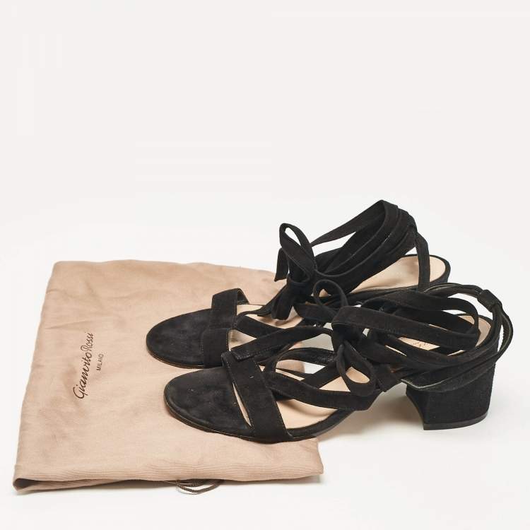 Pre Owned Gianvito Rossi Black Suede Janis Ankle Wrap Sandals Size 37.5