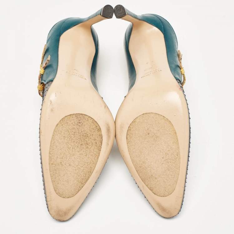 Pre Owned Gianvito Rossi Green/Yellow Leather and Python Leather Pointed Toe Pumps Size 39