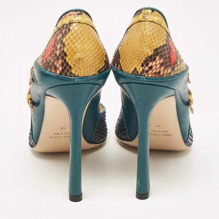 Pre Owned Gianvito Rossi Green/Yellow Leather and Python Leather Pointed Toe Pumps Size 39