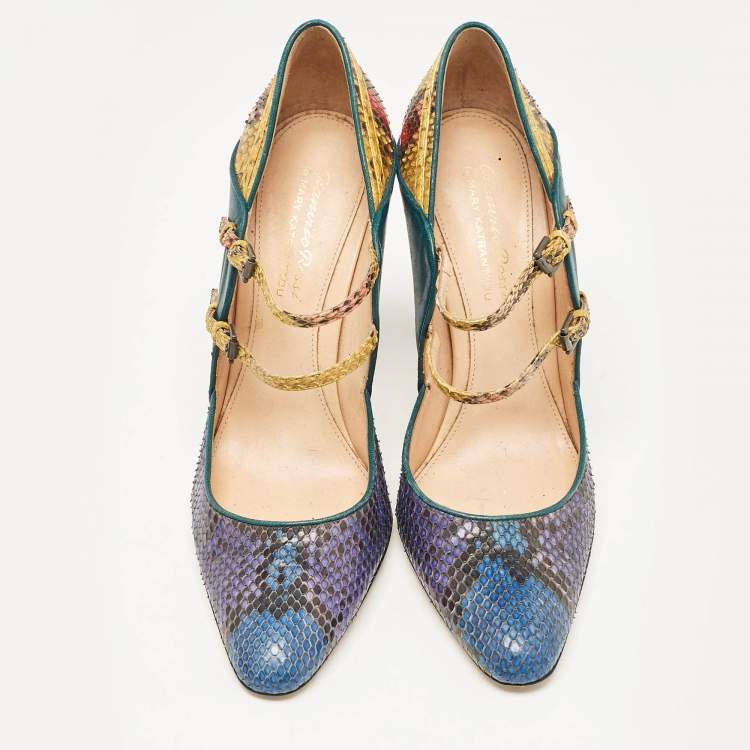 Pre Owned Gianvito Rossi Green/Yellow Leather and Python Leather Pointed Toe Pumps Size 39