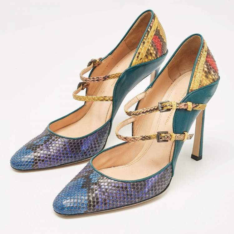 Pre Owned Gianvito Rossi Green/Yellow Leather and Python Leather Pointed Toe Pumps Size 39