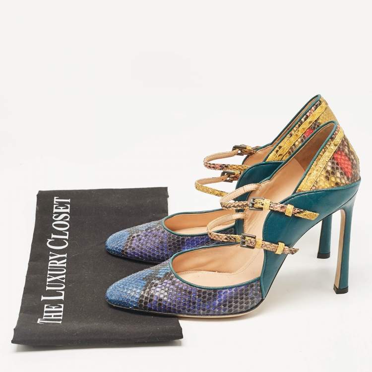Pre Owned Gianvito Rossi Green/Yellow Leather and Python Leather Pointed Toe Pumps Size 39