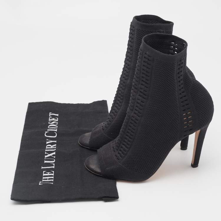 Pre Owned Gianvito Rossi Black Stretch Knit Vires Open Toe Ankle Length Boots Size 36.5