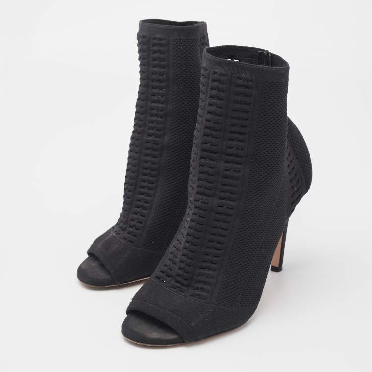 Pre Owned Gianvito Rossi Black Stretch Knit Vires Open Toe Ankle Length Boots Size 36.5