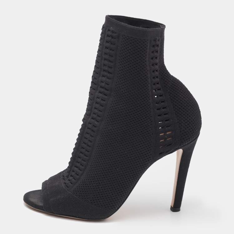 Pre Owned Gianvito Rossi Black Stretch Knit Vires Open Toe Ankle Length Boots Size 36.5