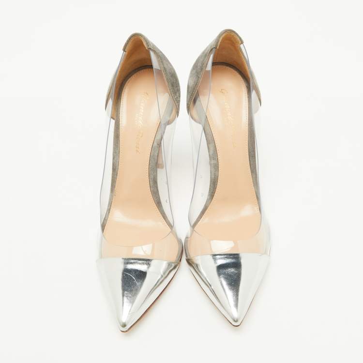 Pre Owned Gianvito Rossi Grey/Silver Suede and PVC Plexi Pointed Toe Pumps Size 38