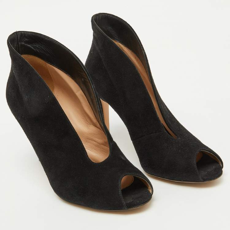 Pre Owned Gianvito Rossi Black Suede Vamp Peep Toe Ankle Booties Size 38.5