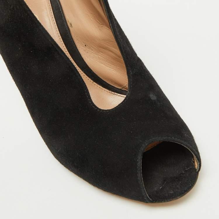 Pre Owned Gianvito Rossi Black Suede Vamp Peep Toe Ankle Booties Size 38.5