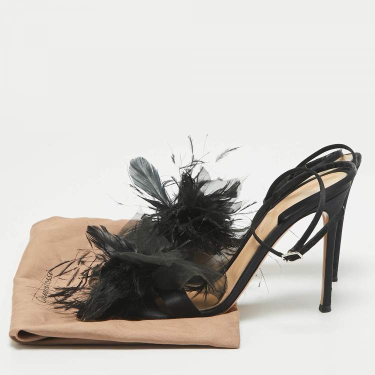 Pre Owned Gianvito Rossi Black Satin and Feather Flower Ankle Strap Sandals Size 40