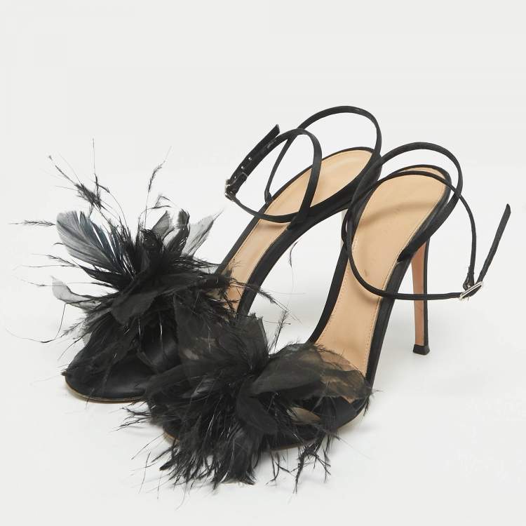 Pre Owned Gianvito Rossi Black Satin and Feather Flower Ankle Strap Sandals Size 40