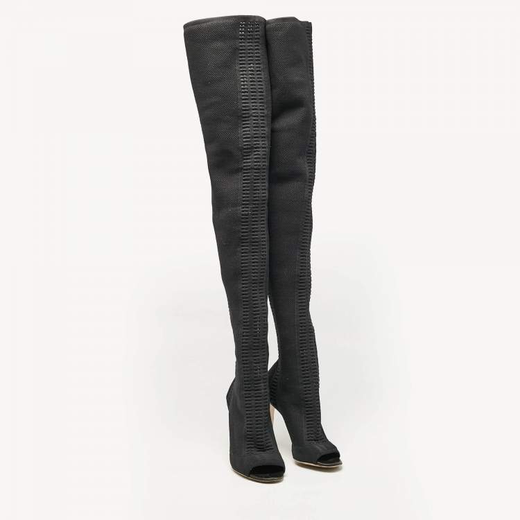 Pre Owned Gianvito Rossi Black Knit Fabric Over The Knee Boots Size 38