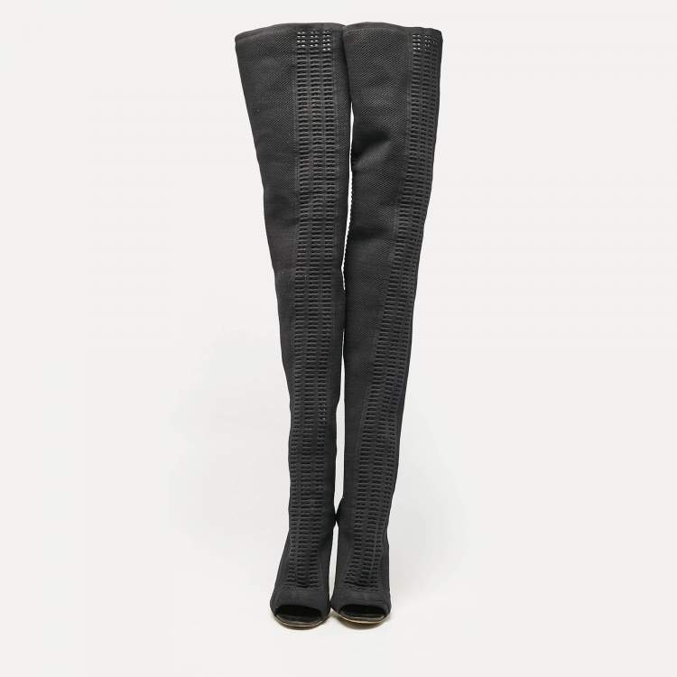 Pre Owned Gianvito Rossi Black Knit Fabric Over The Knee Boots Size 38