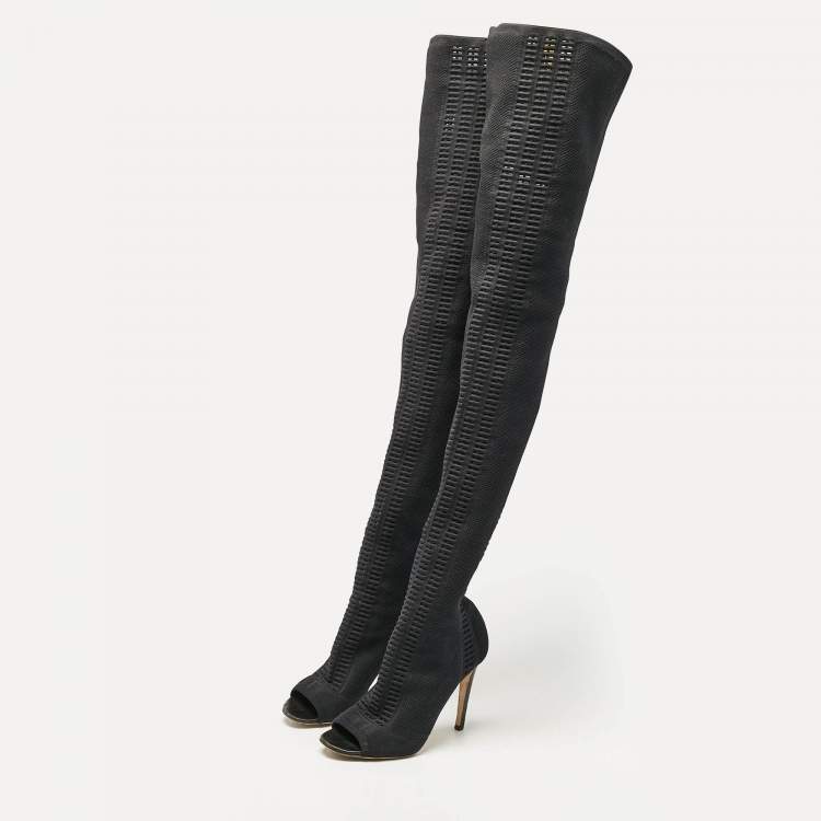 Pre Owned Gianvito Rossi Black Knit Fabric Over The Knee Boots Size 38
