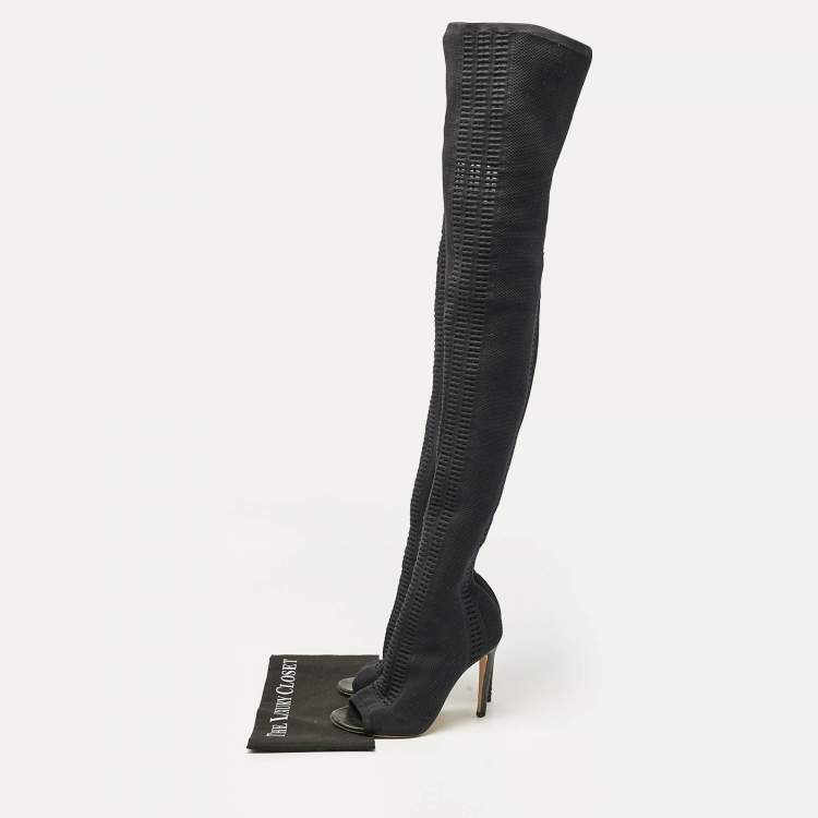 Pre Owned Gianvito Rossi Black Knit Fabric Over The Knee Boots Size 38