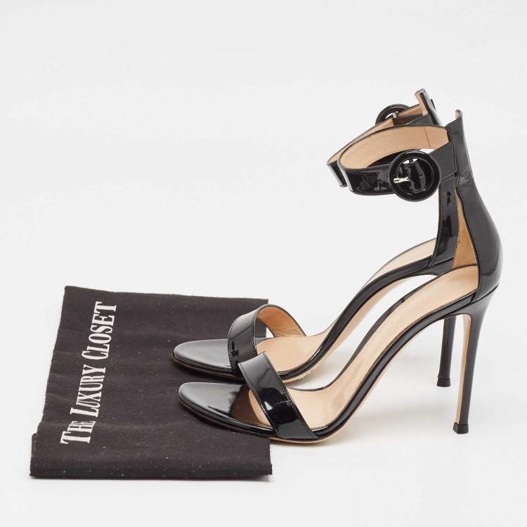 Pre Owned Gianvito Rossi Black Patent Leather Portofino Ankle Strap Sandals Size 37