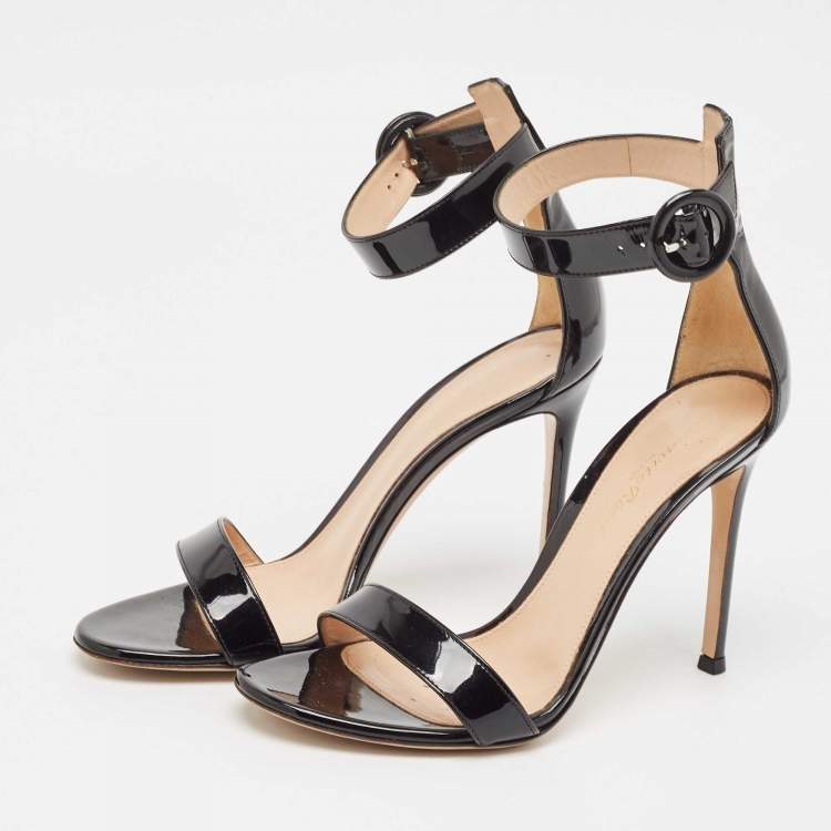 Pre Owned Gianvito Rossi Black Patent Leather Portofino Ankle Strap Sandals Size 37