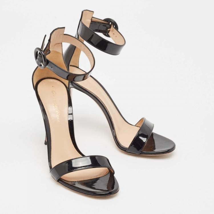 Pre Owned Gianvito Rossi Black Patent Leather Portofino Ankle Strap Sandals Size 37
