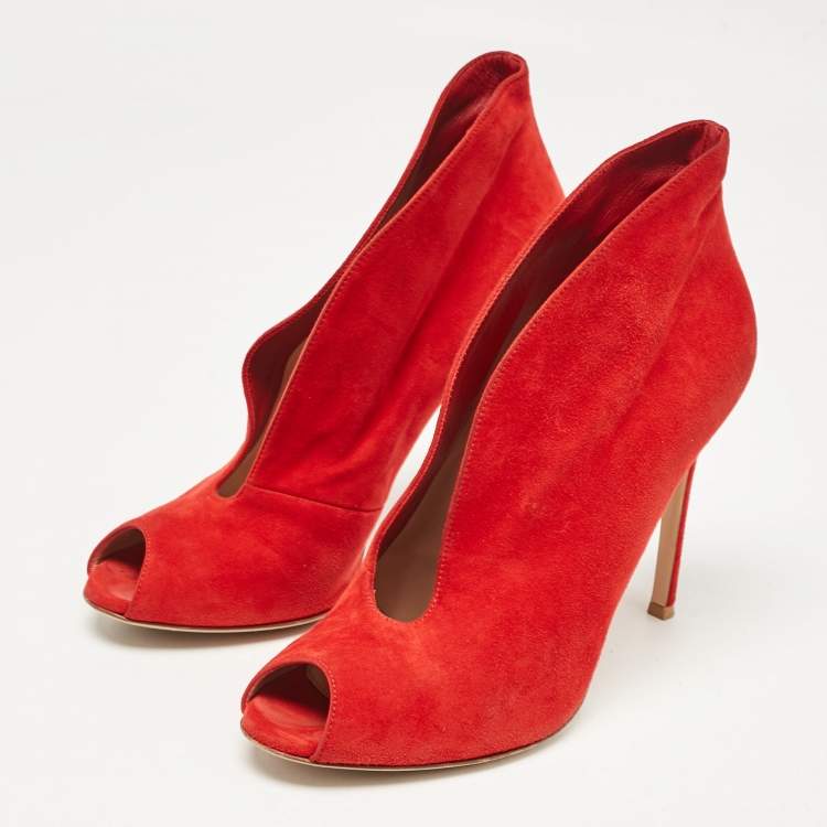 Pre Owned Gianvito Rossi Red Suede Vamp Peep Toe Pumps Size 39