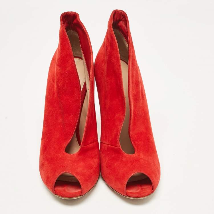 Pre Owned Gianvito Rossi Red Suede Vamp Peep Toe Pumps Size 39