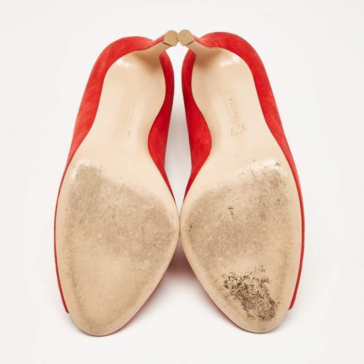 Pre Owned Gianvito Rossi Red Suede Vamp Peep Toe Pumps Size 39