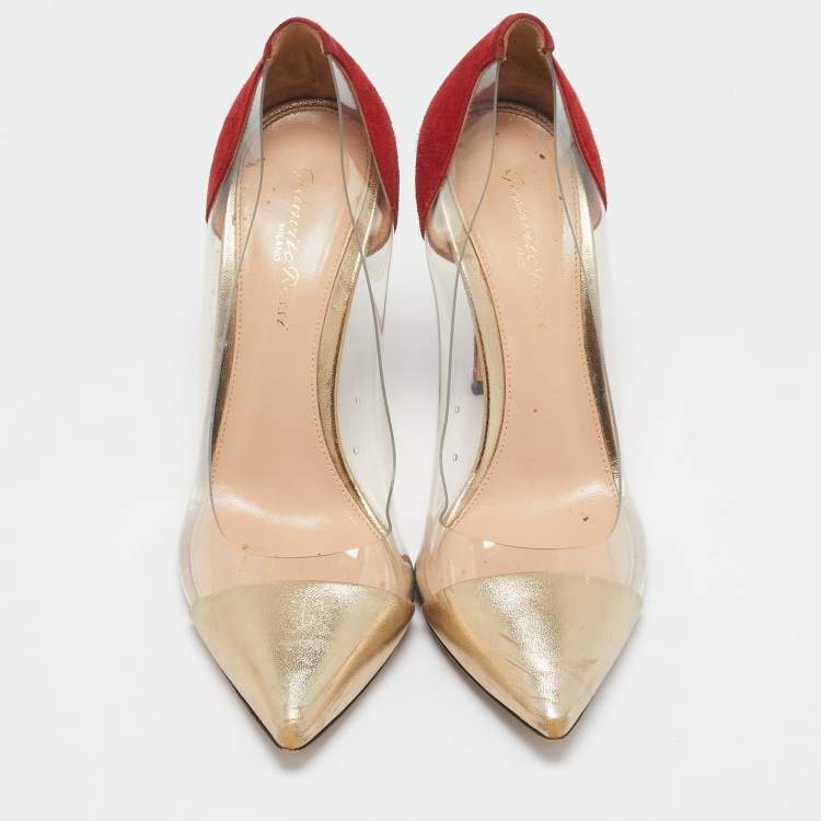 Pre Owned Gianvito Rossi Red/Gold  PVC and Suede Plexi Pumps Size 37