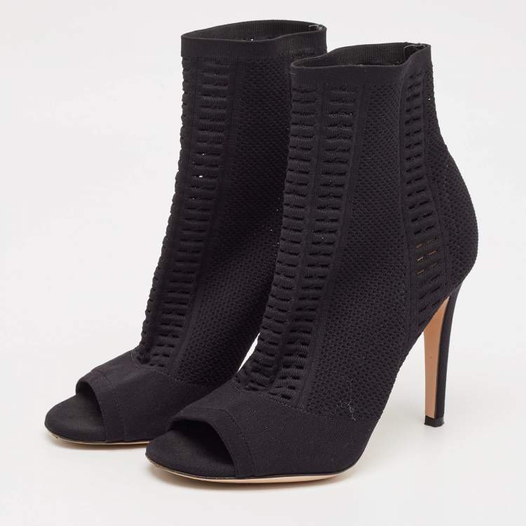Pre Owned Gianvito Rossi Black Stretch Knit Vires Open Toe Ankle Length Boots Size 37