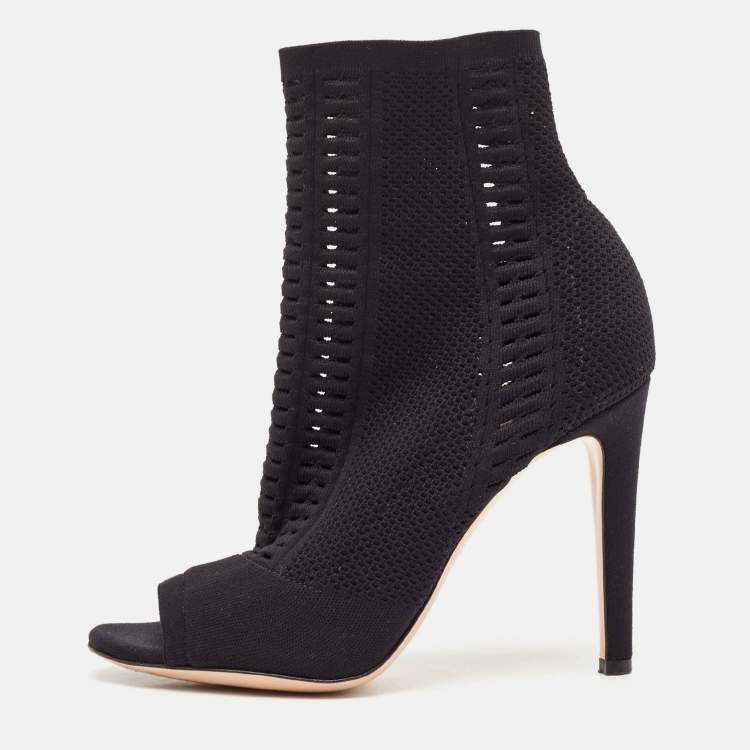 Pre Owned Gianvito Rossi Black Stretch Knit Vires Open Toe Ankle Length Boots Size 37