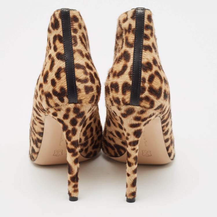Pre Owned Gianvito Rossi Beige/Brown Leopard Print Calf Hair Vamp Boots Size 38.5