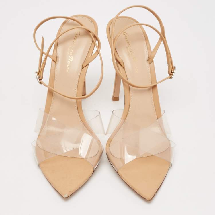 Pre Owned Gianvito Rossi Beige Leather And PVC Plexi Stark Ankle Strap Sandals Size 39