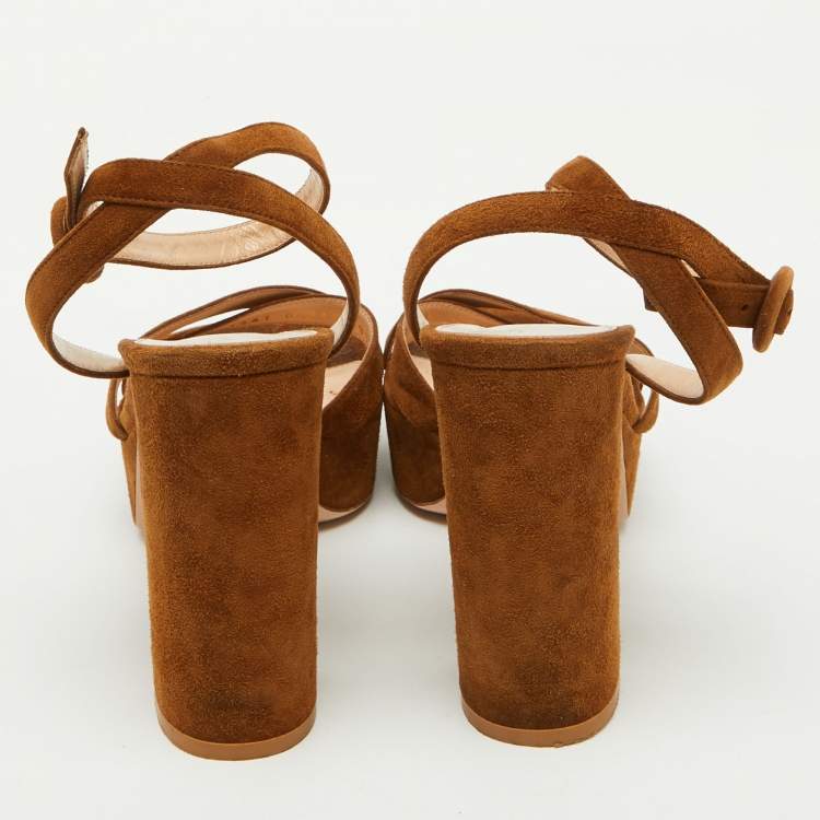 Pre Owned Gianvito Rossi Brown Suede Platform Ankle Strap Sandals Size 39.5