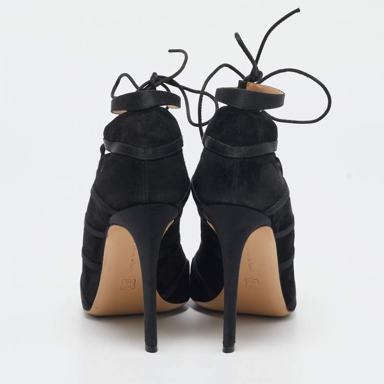 Pre Owned Gianvito Rossi Black Satin and Suede Strappy  Sandals Size 38