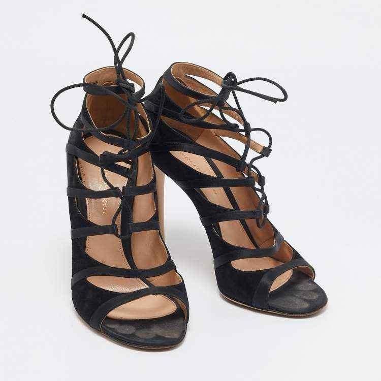 Pre Owned Gianvito Rossi Black Satin and Suede Strappy  Sandals Size 38