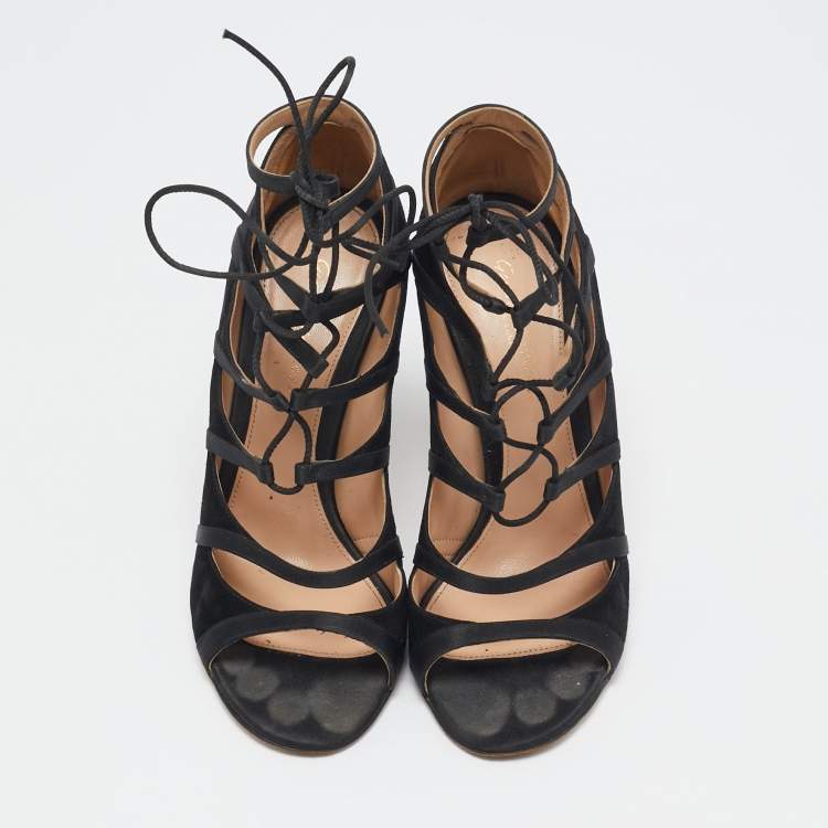 Pre Owned Gianvito Rossi Black Satin and Suede Strappy  Sandals Size 38