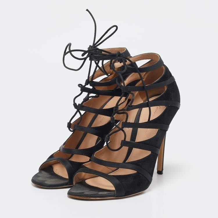Pre Owned Gianvito Rossi Black Satin and Suede Strappy  Sandals Size 38