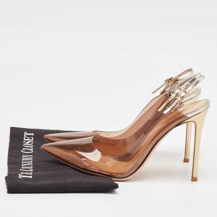 Pre Owned Gianvito Rossi Brown PVC And Leather Kyle 105 Ankle Strap Sandals Size 40.5