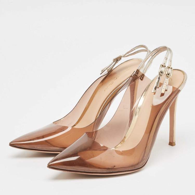 Pre Owned Gianvito Rossi Brown PVC And Leather Kyle 105 Ankle Strap Sandals Size 40.5