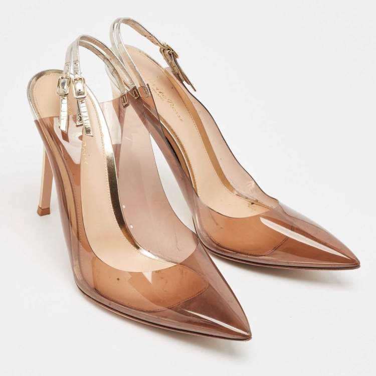 Pre Owned Gianvito Rossi Brown PVC And Leather Kyle 105 Ankle Strap Sandals Size 40.5