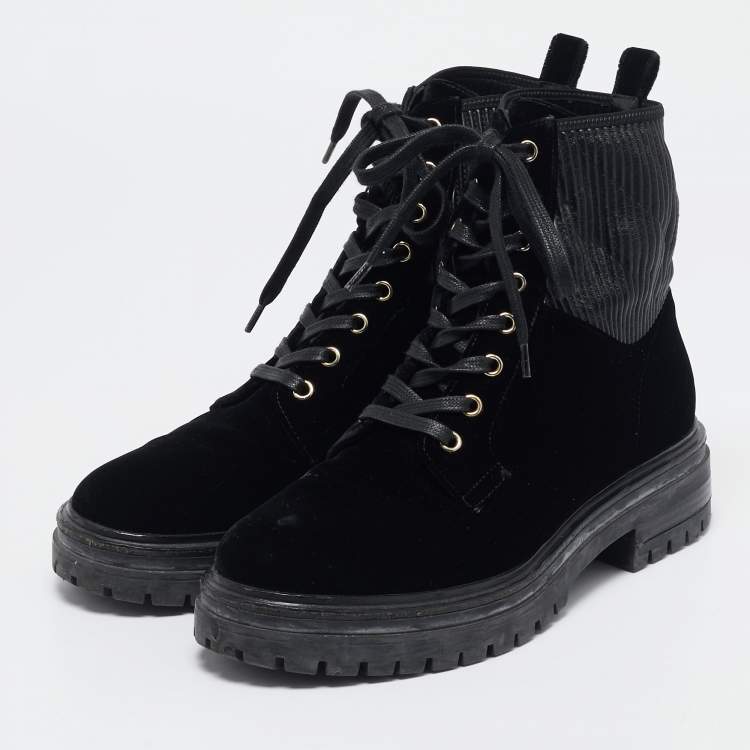 Pre Owned Gianvito Rossi Black Fabric and Velvet Combat Boots Size 40