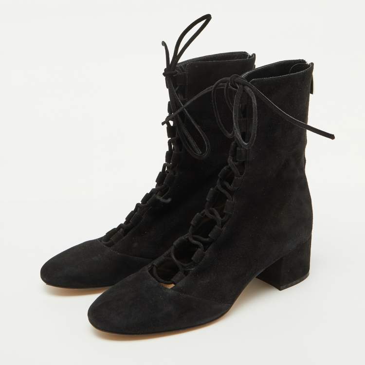 Pre Owned Gianvito Rossi Black Suede Lace Up Mid Calf Boots Size 39