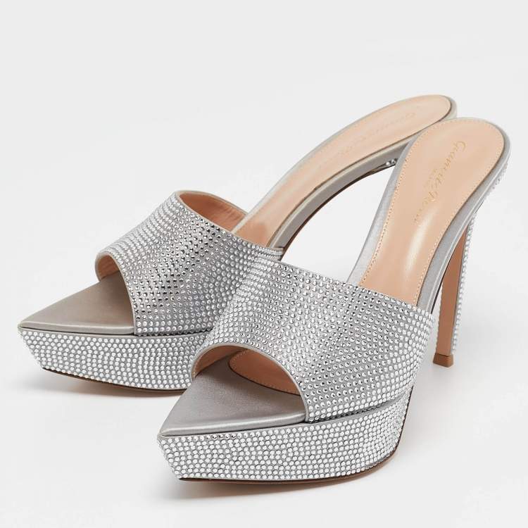 Pre Owned Gianvito Rossi Silver Satin Crystal Embellished Platform Slide Sandals Size 40