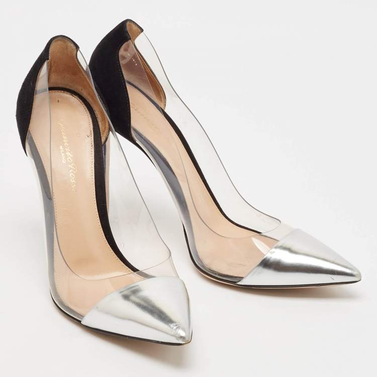 Pre Owned Gianvito Rossi Silver/Black Leather and PVC Plexi Pointed Toe Pumps Size 38