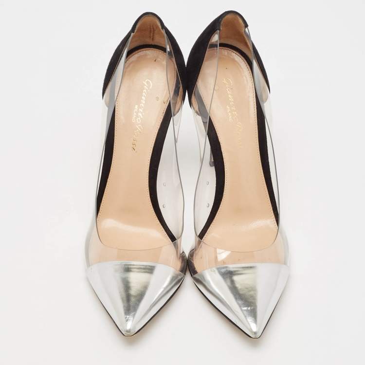 Pre Owned Gianvito Rossi Silver/Black Leather and PVC Plexi Pointed Toe Pumps Size 38