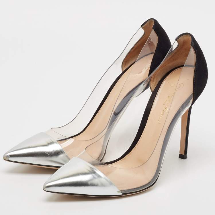 Pre Owned Gianvito Rossi Silver/Black Leather and PVC Plexi Pointed Toe Pumps Size 38