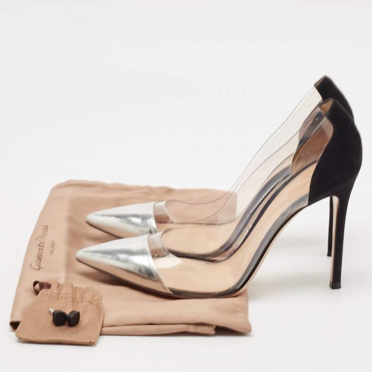 Pre Owned Gianvito Rossi Silver/Black Leather and PVC Plexi Pointed Toe Pumps Size 38
