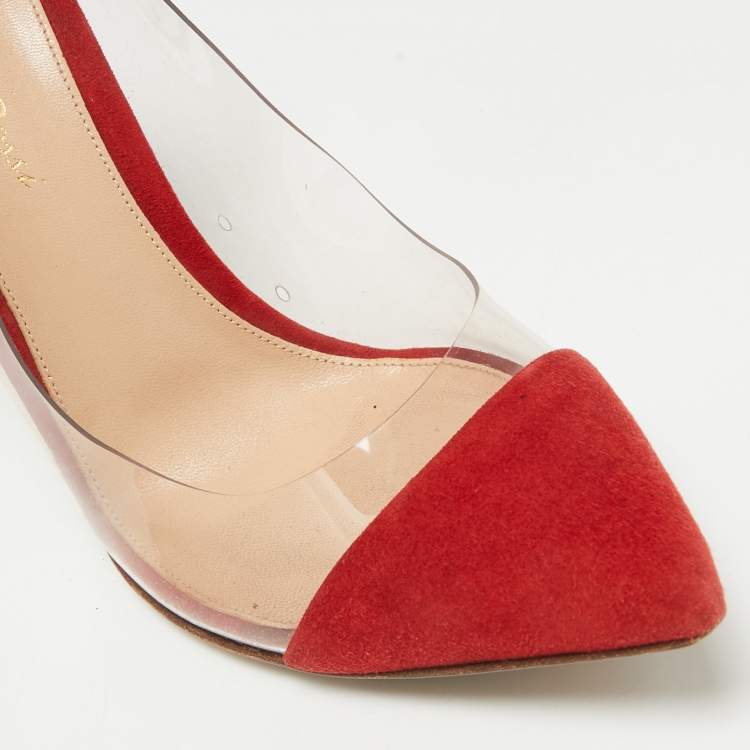 Pre Owned Gianvito Rossi Transparent/Red Suede and PVC Plexi Pointed Toe Pumps Size 38.5