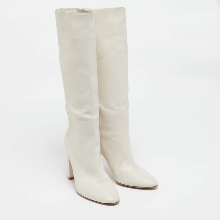 Pre Owned Gianvito Rossi Off White Leather Calf Length Boots Size 39